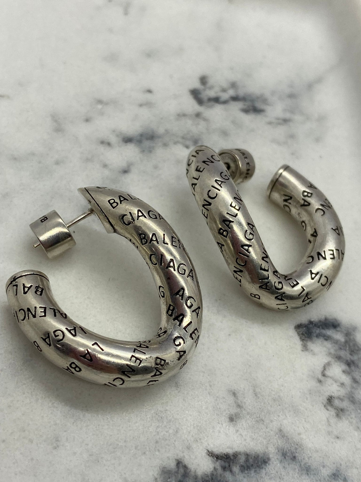 BALENCIAGA Silver Tone Monogram Hoop Earrings - Pre owned