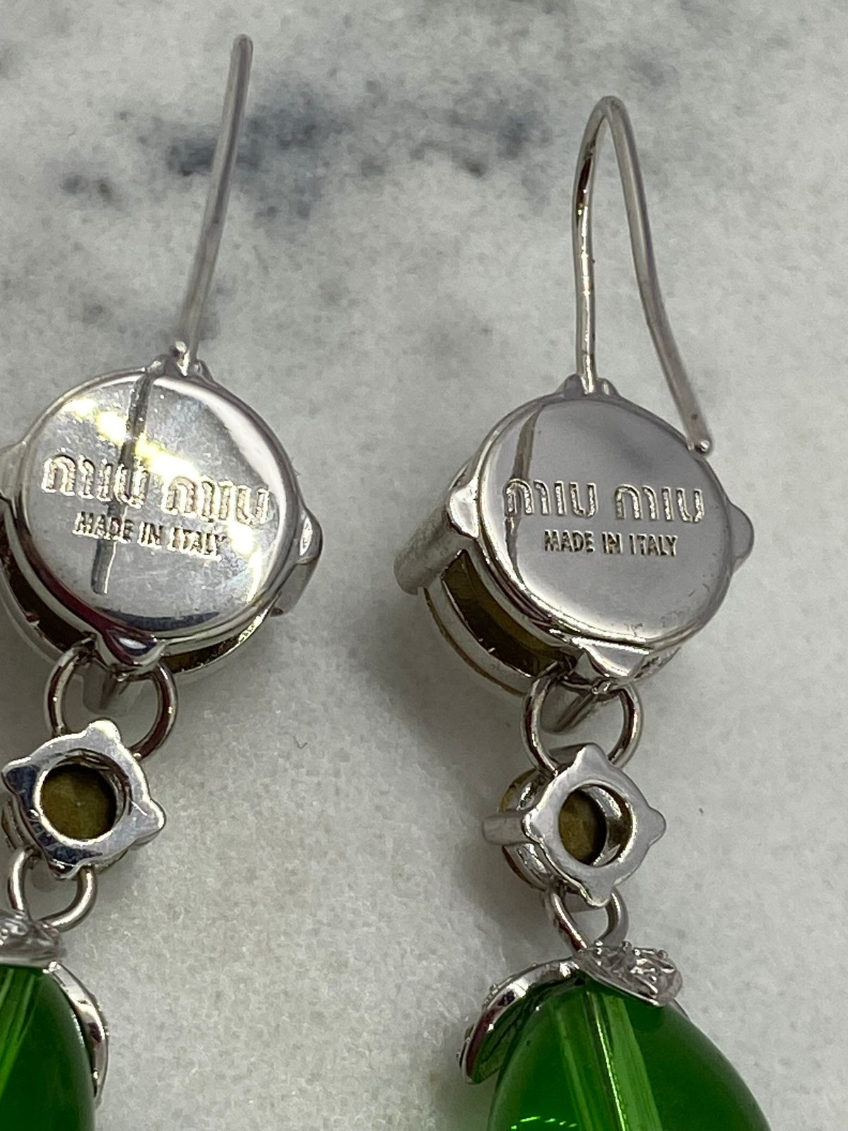 MIU MIU Silver Tone Green Stone Pendant Earrings - Pre owned