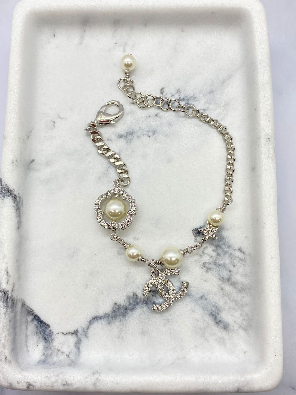 CHANEL CC Silver Tone Rhinestone Charm Bracelet - Pre owned