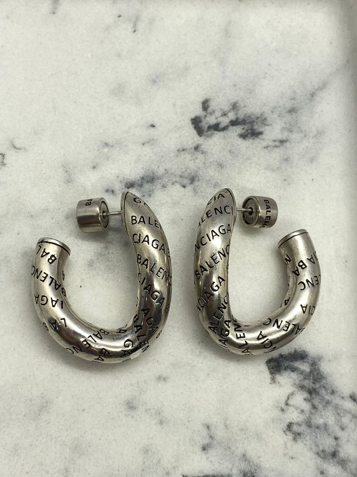BALENCIAGA Silver Tone Monogram Hoop Earrings - Pre owned