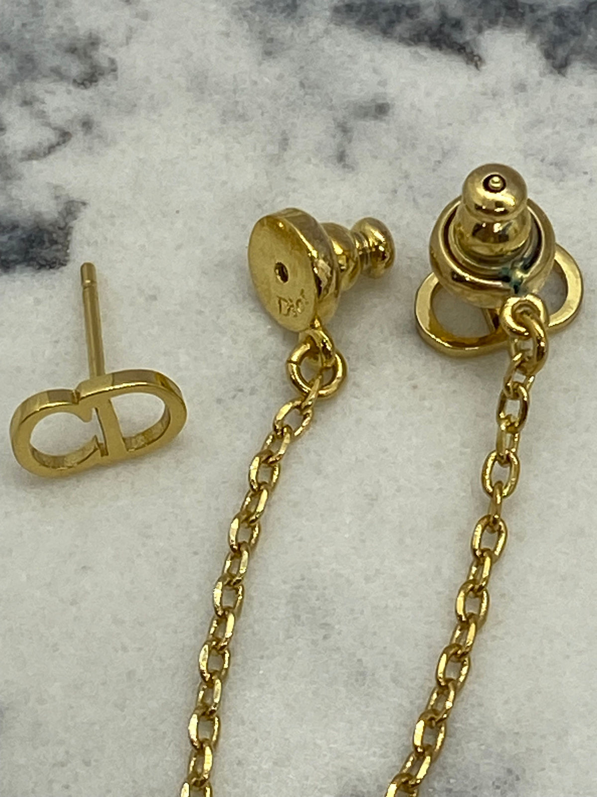 CHRISTIAN DIOR CD Gold Tone Pendant Rhinestone Earrings - USED