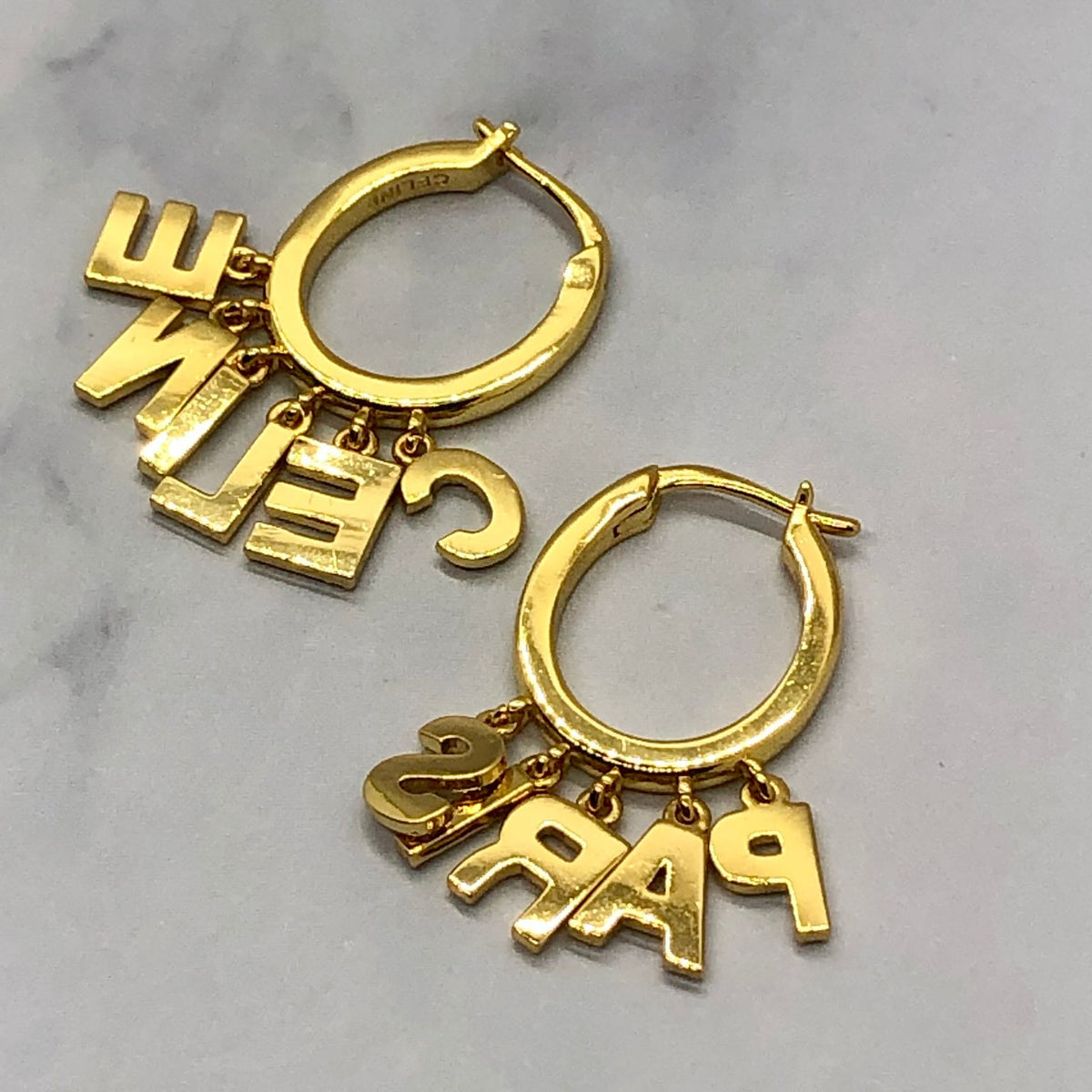 CELINE Paris Rhinestone Gold Tone Hoop Earrings - Pre owned