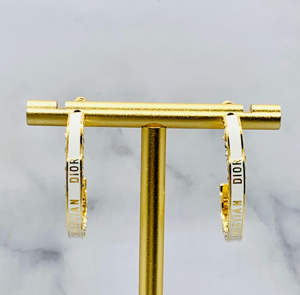 CHRISTIAN DIOR White Rhinestone Hoop Earrings - Pre owned