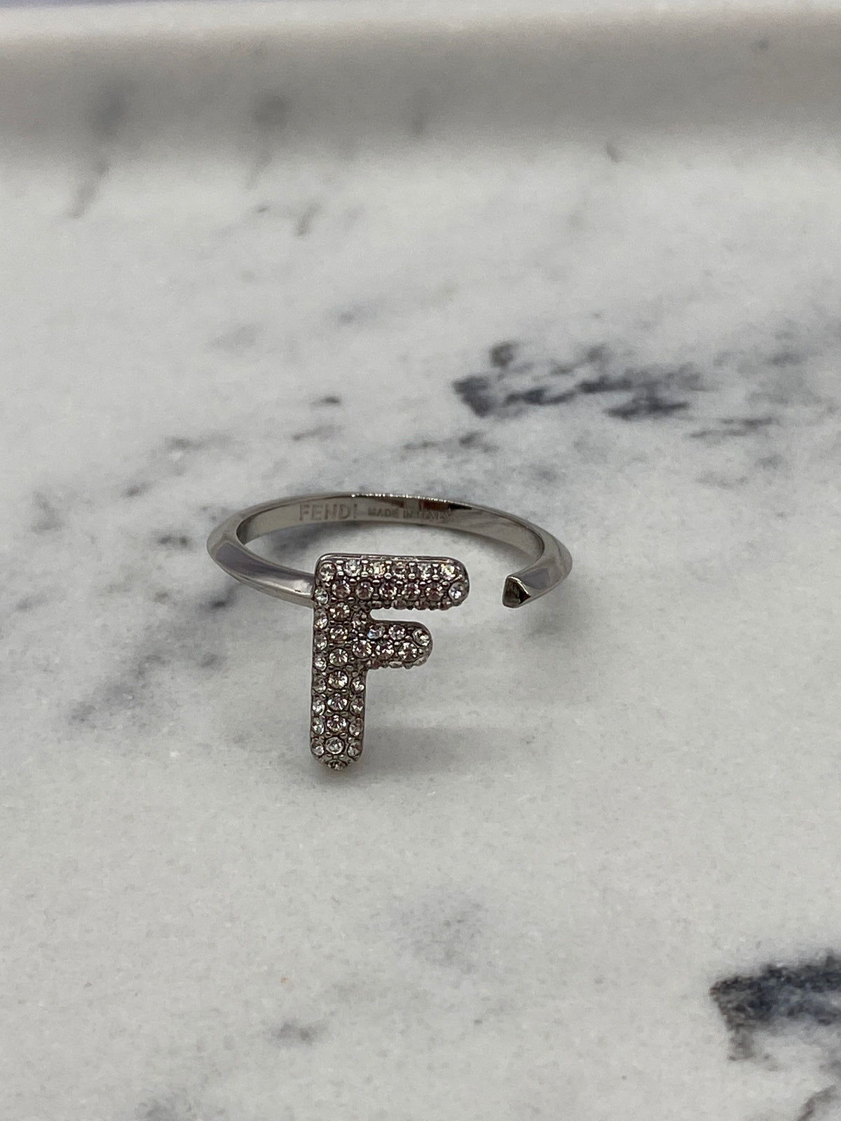 FENDI F Silver Tone Rhinestone Adjustable Ring - Pre owned