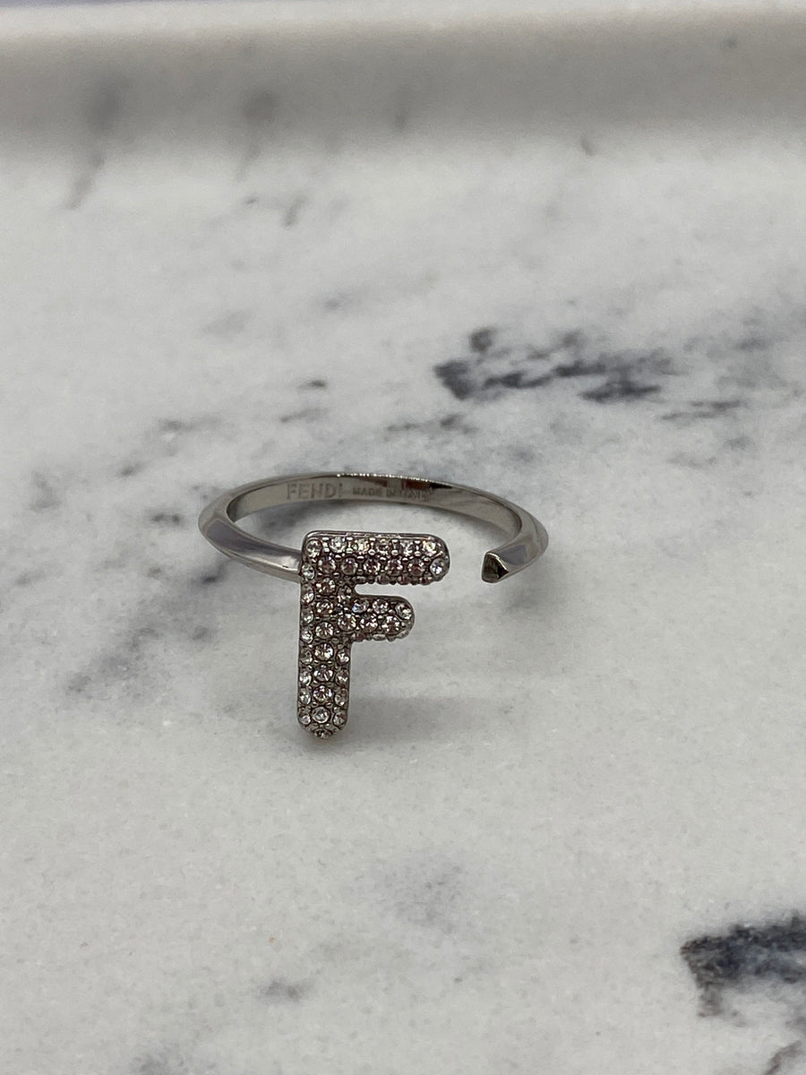 FENDI F Silver Tone Rhinestone Adjustable Ring - Pre owned