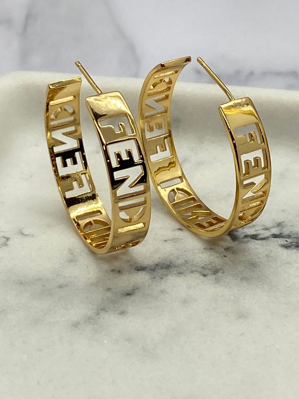 FENDI FF Gold Tone Monogram Hoop Earrings - Pre owned
