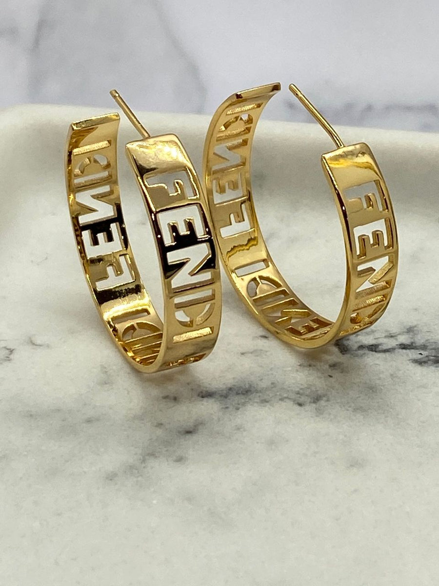 FENDI FF Gold Tone Monogram Hoop Earrings - Pre owned