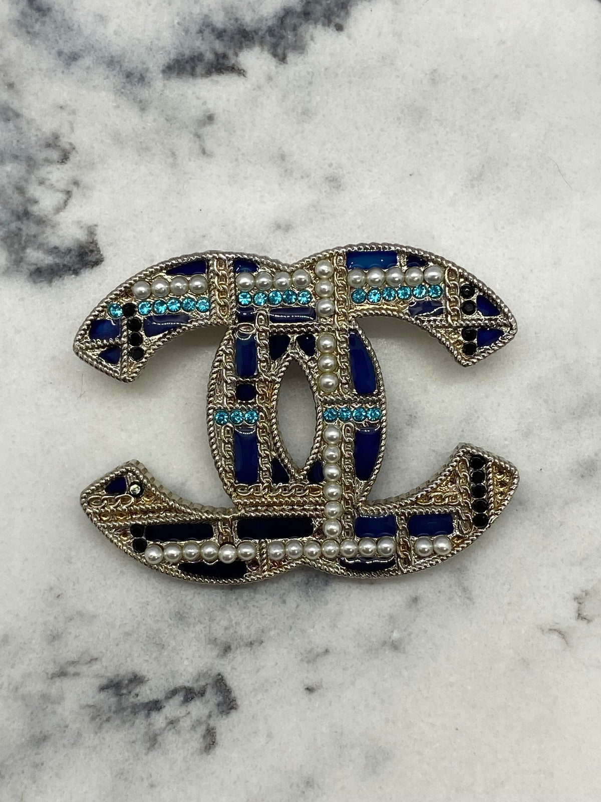 CHANEL CC Silver Tone Blue Rhinestone Brooch Pin - USED