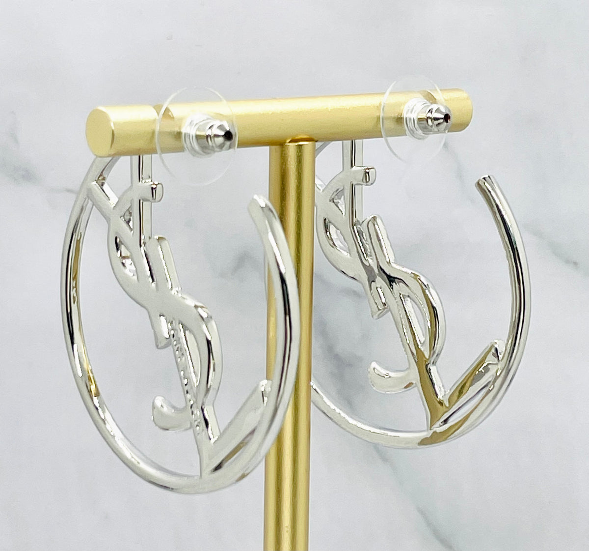 YSL YVES SAINT LAURENT Vintage Silver Tone Hoop Earrings - Pre owned