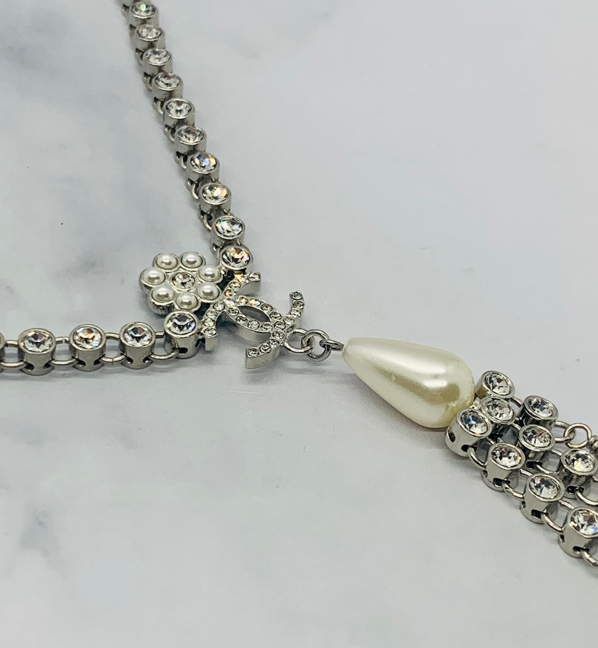 CHANEL CC Rhinestone Lariat Statement Necklace - USED