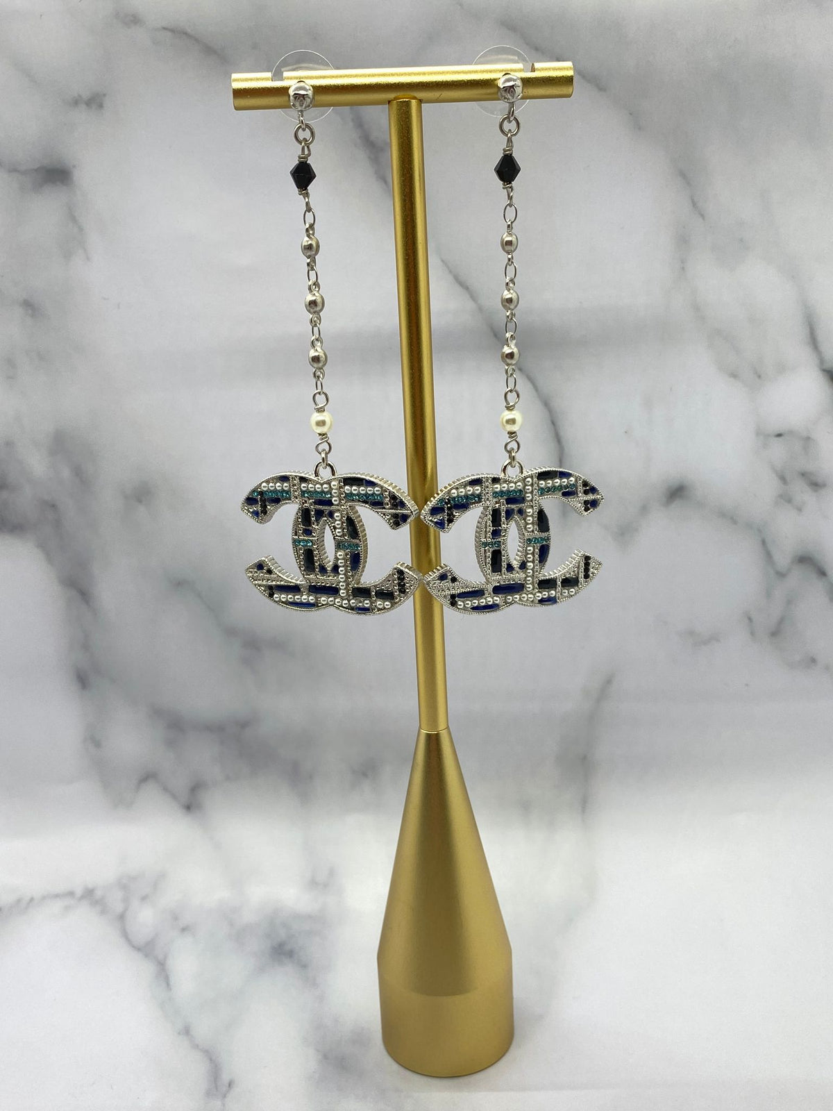 CHANEL CC Blue Plaid Pendant Earrings - Pre owned