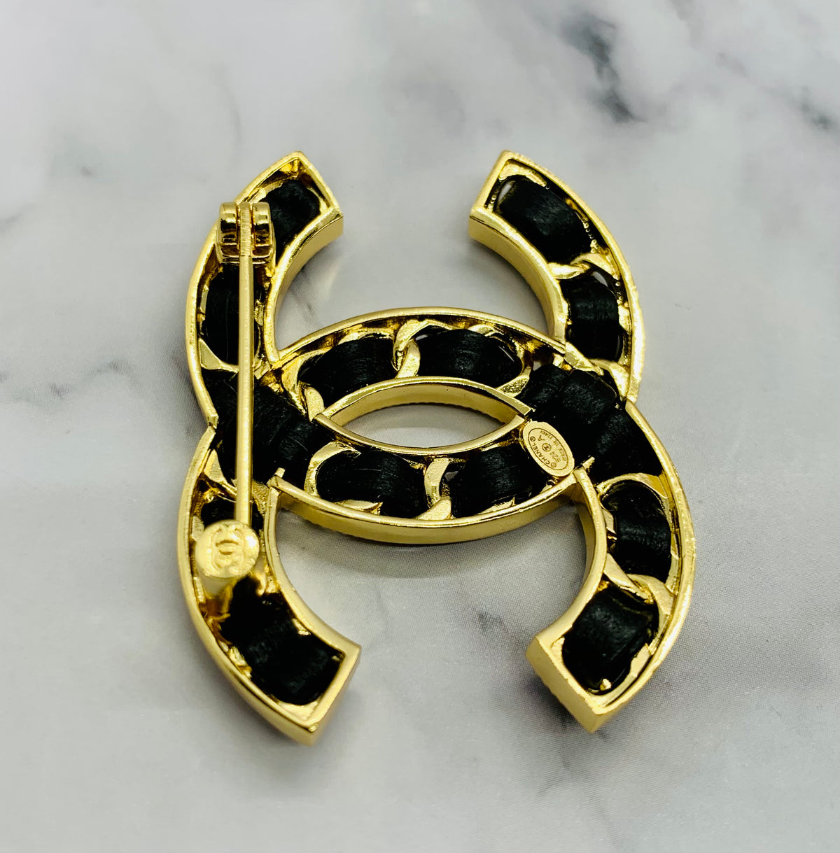 CHANEL CC Leather Trim Brooch Pin - USED