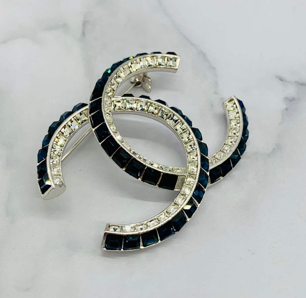 CHANEL CC Blue Rhinestone Brooch Pin - USED