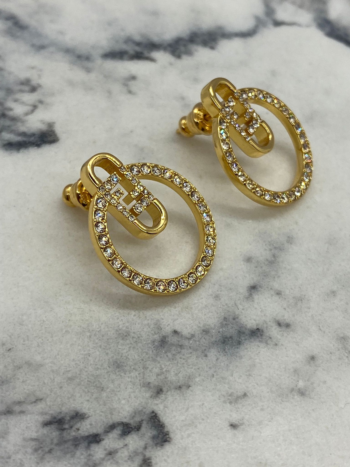 FENDI F Gold Tone Rhinestone Circle Earrings - Pre owned