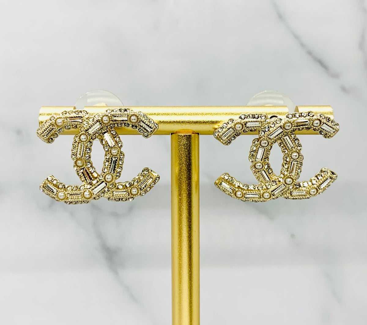 CHANEL CC Gold Tone Rhinestone Earrings - USED