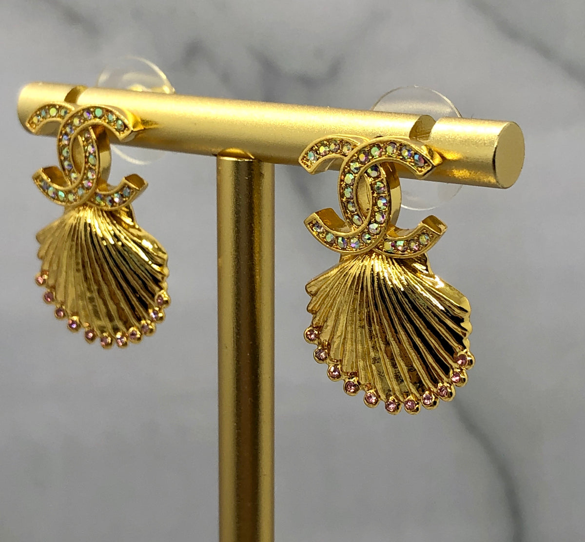 CHANEL CC Gold Tone Rhinestone Shell Earrings - Pre owned