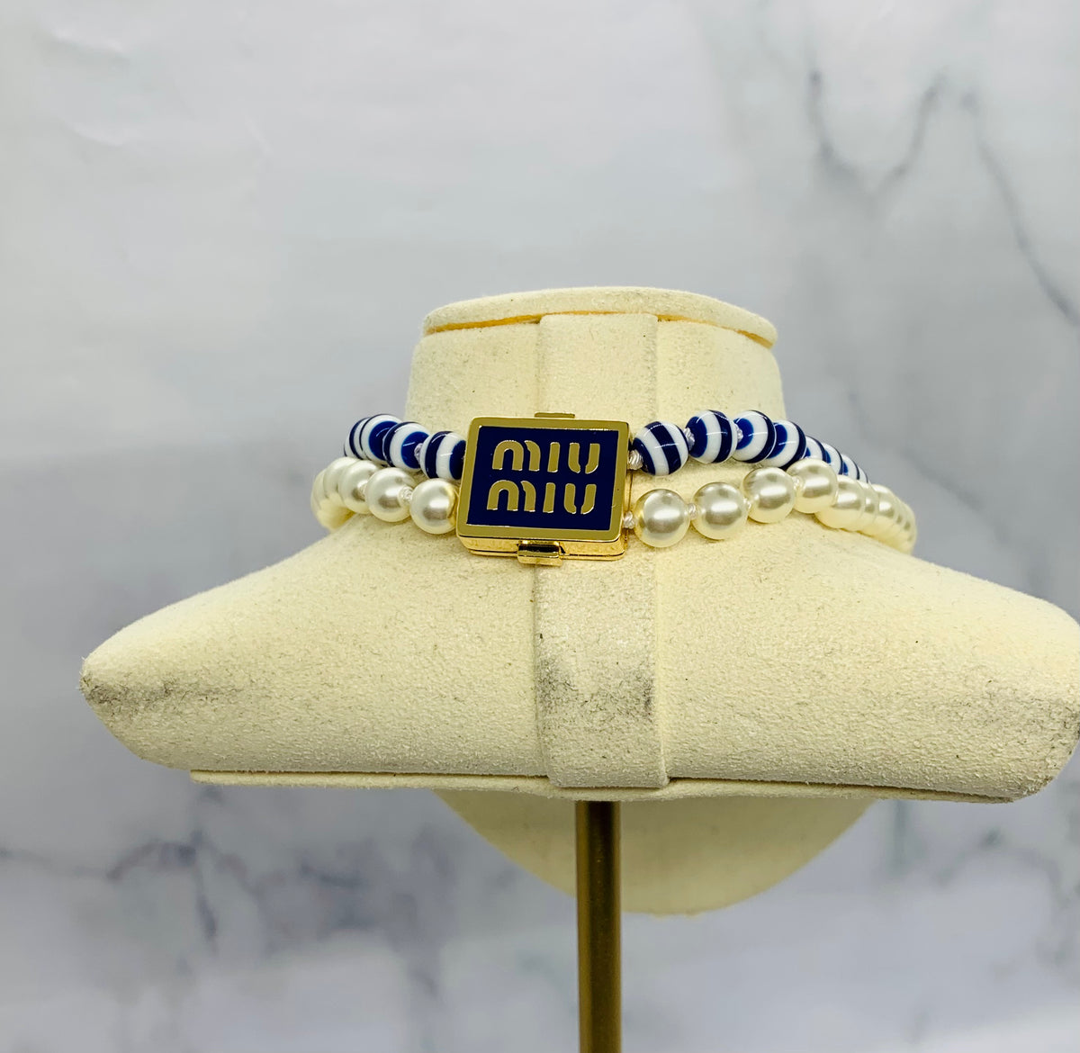MIU MIU Pearl & Blue Striped Necklace - Pre owned