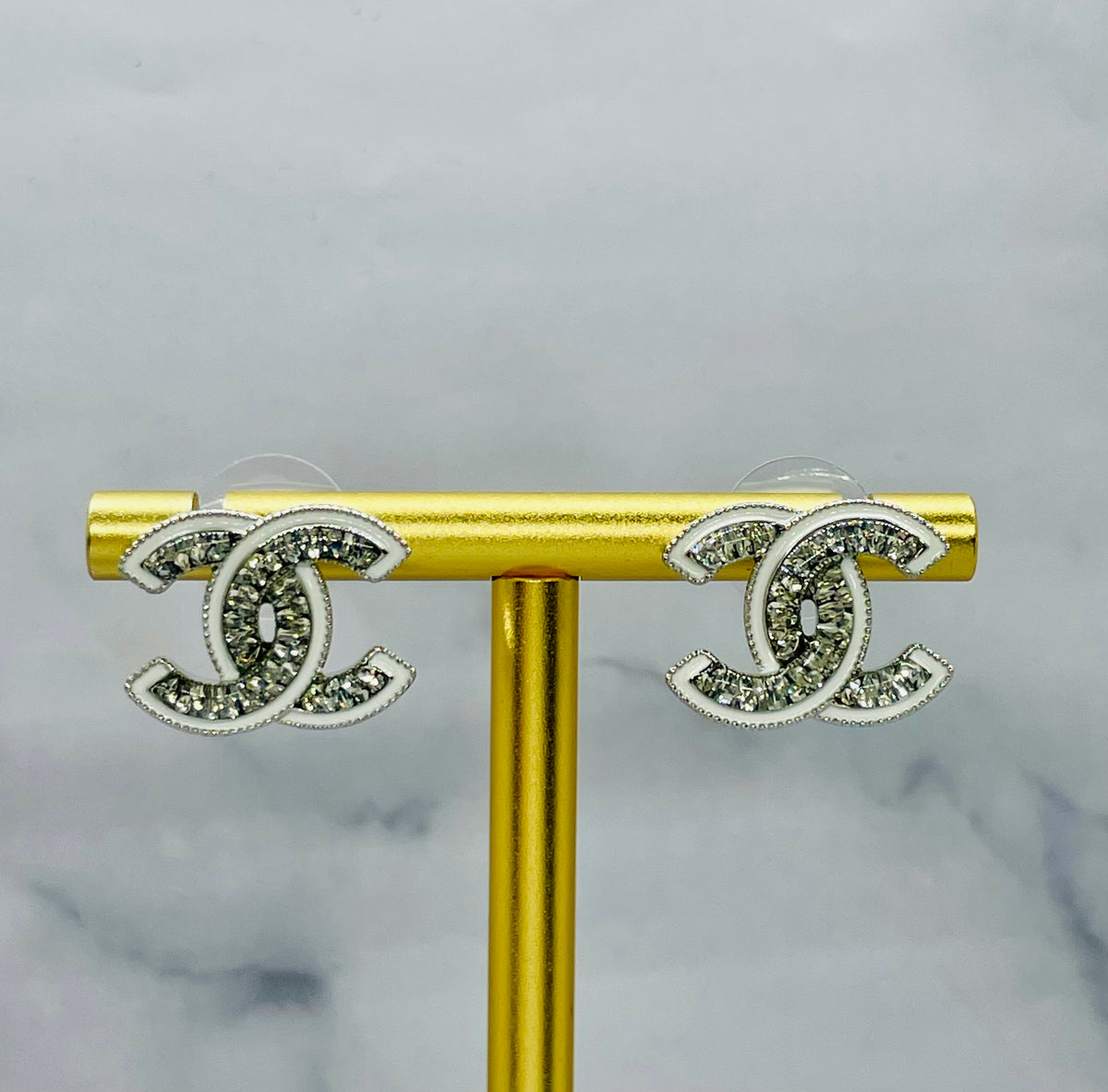 CHANEL CC White Trim Rhinestone Earrings - Pre owned