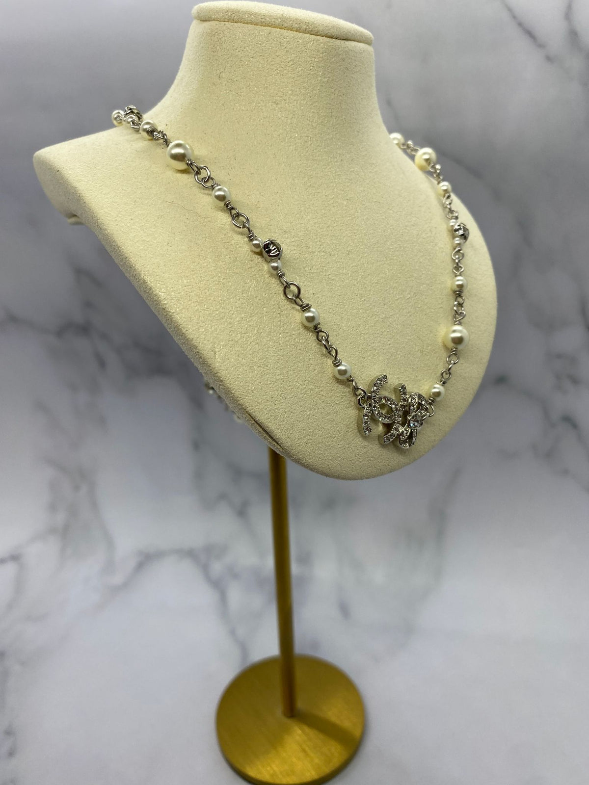 CHANEL CC Silver Tone Rhinestone Necklace - USED