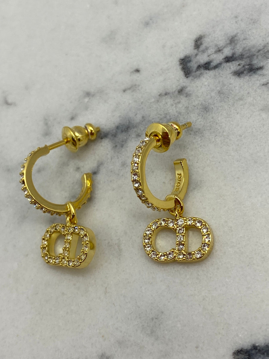 CHRISTIAN DIOR CD Gold Tone Rhinestone Hoop Earrings - Pre owned