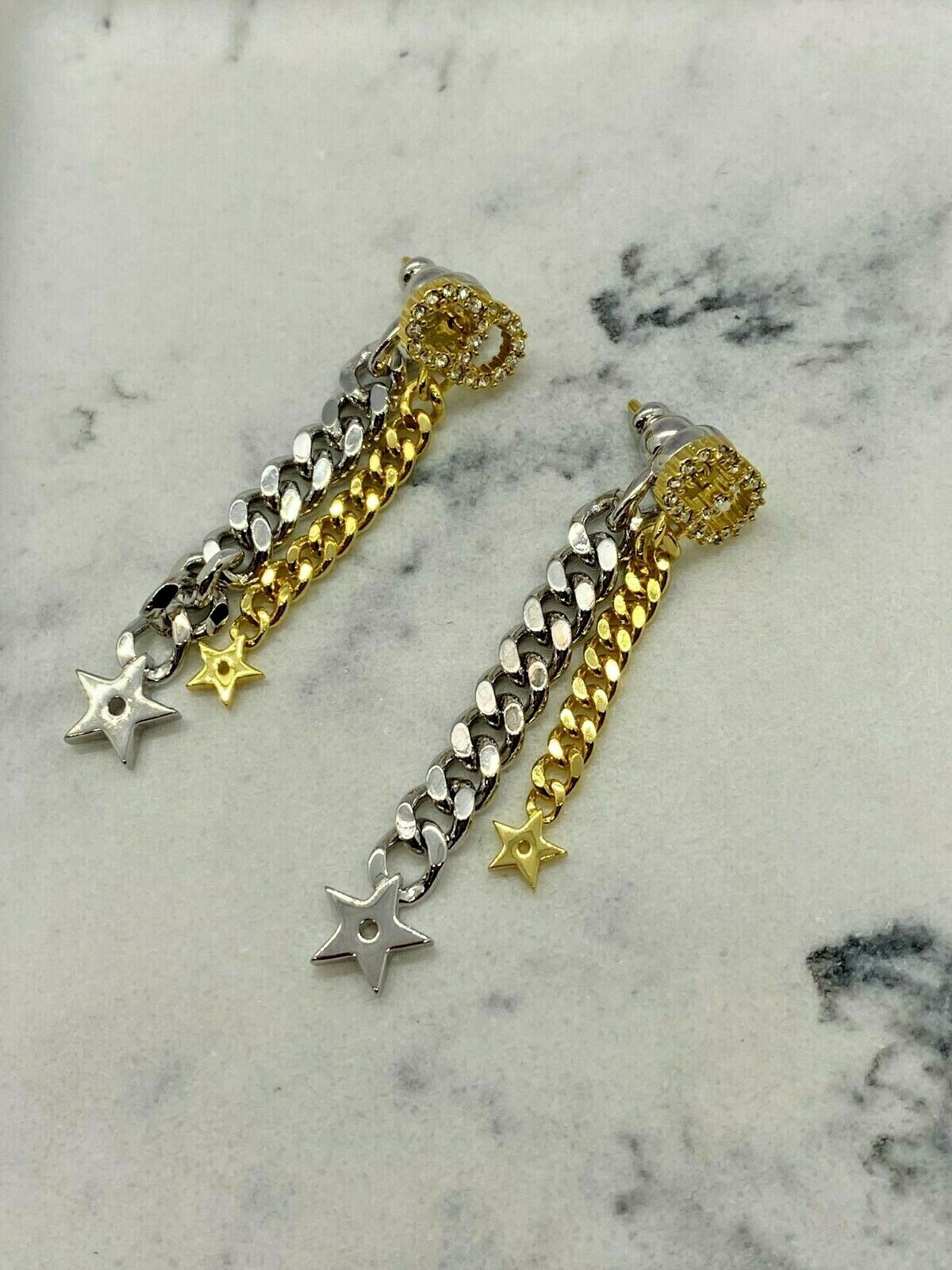 CHRISTIAN DIOR CD Silver & Gold Chain Pendant Earrings - USED