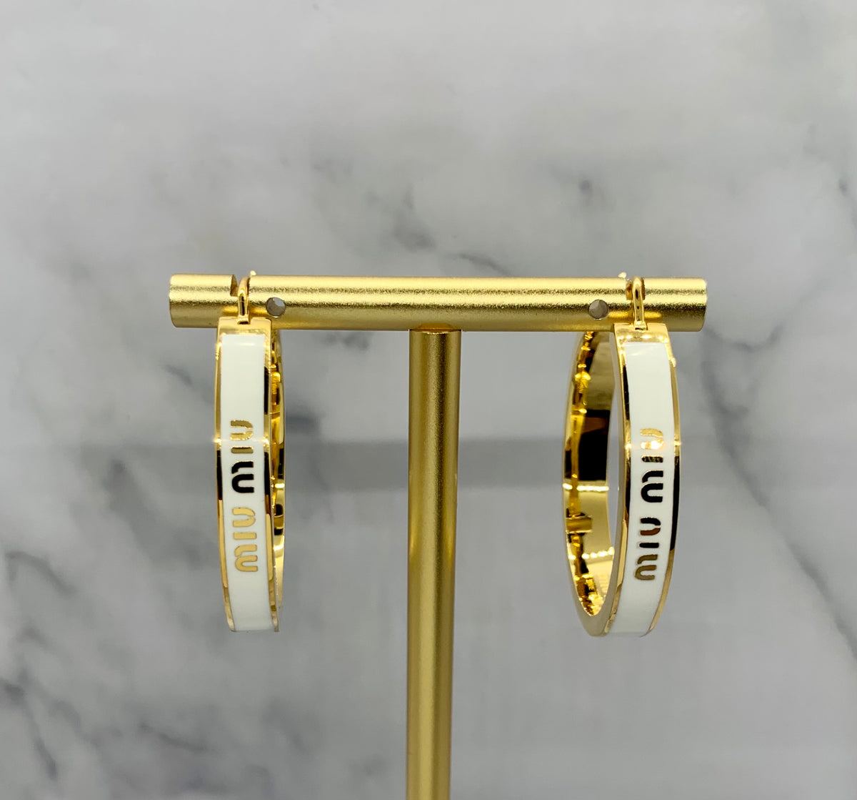 MIU MIU White Striped Gold Tone Hoop Earrings - Pre owned