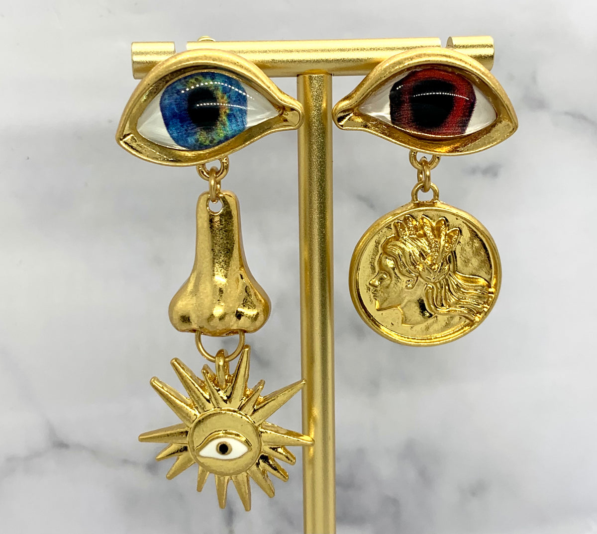 SCHIAPARELLI Blue & Brown Eye Pendant Earrings - Pre owned