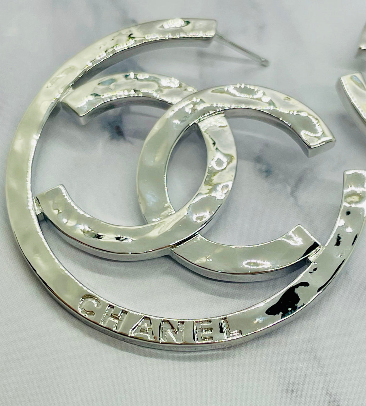 CHANEL CC Silver Tone Hoop Earrings - Pre owned