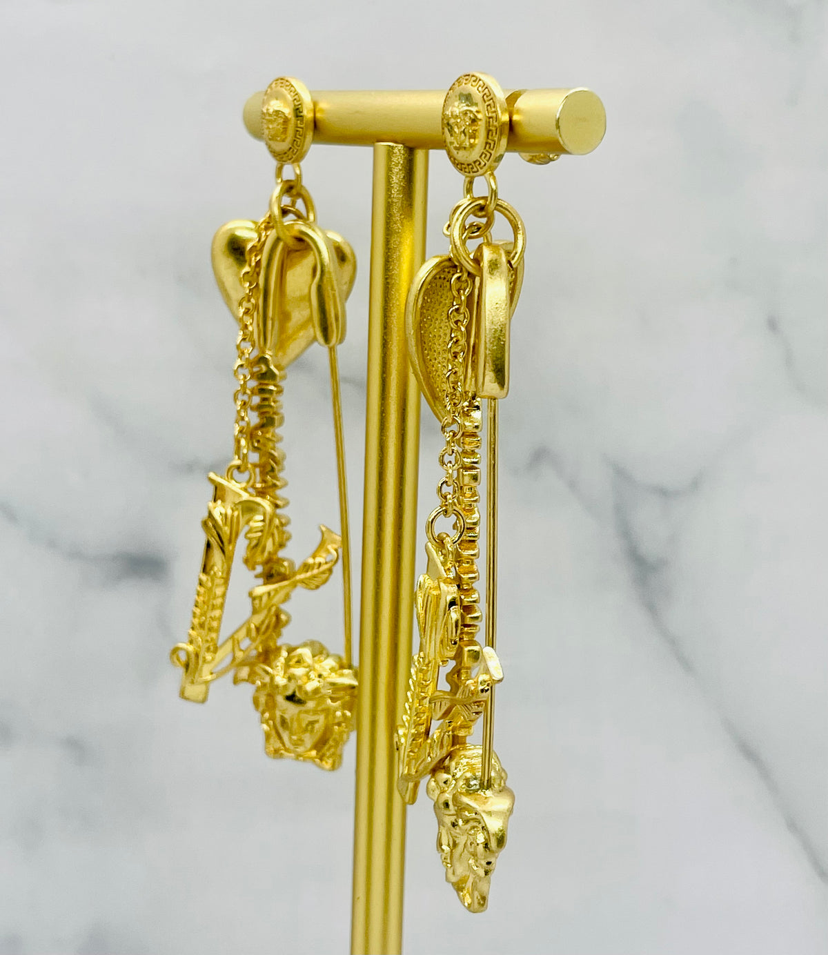 VERSACE Medusa Gold Tone Safety Pin Heart Pendant Earrings - Pre owned