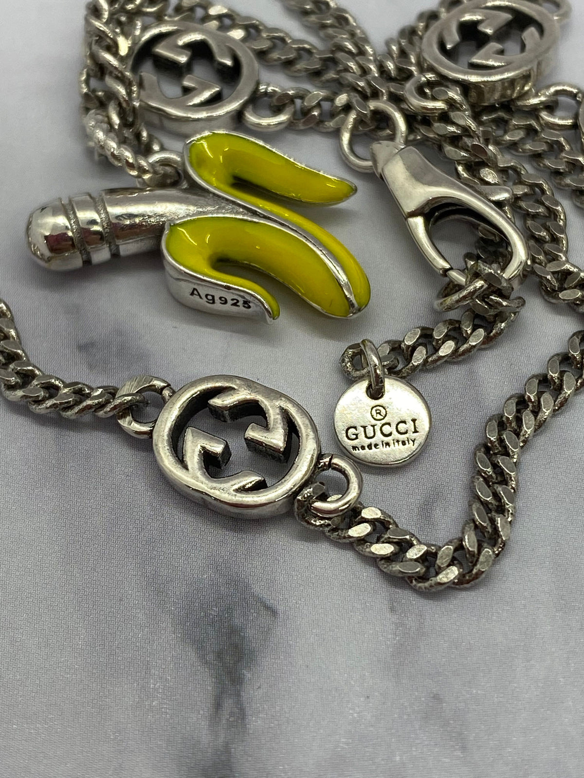 GUCCI GG Silver Tone Banana Chain Necklace