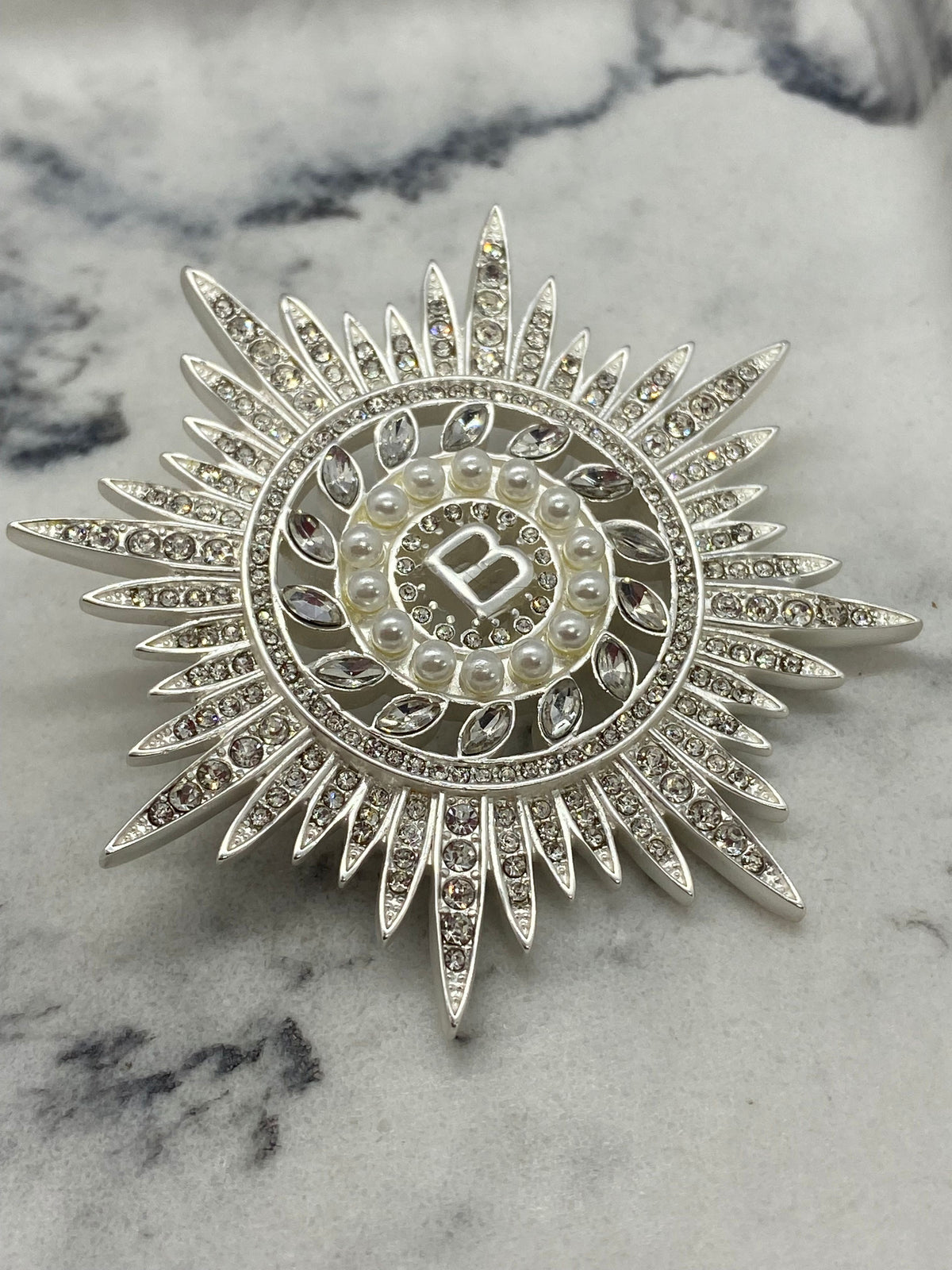 BALENCIAGA Silver Tone Rhinestone Brooch Pin - Pre owned
