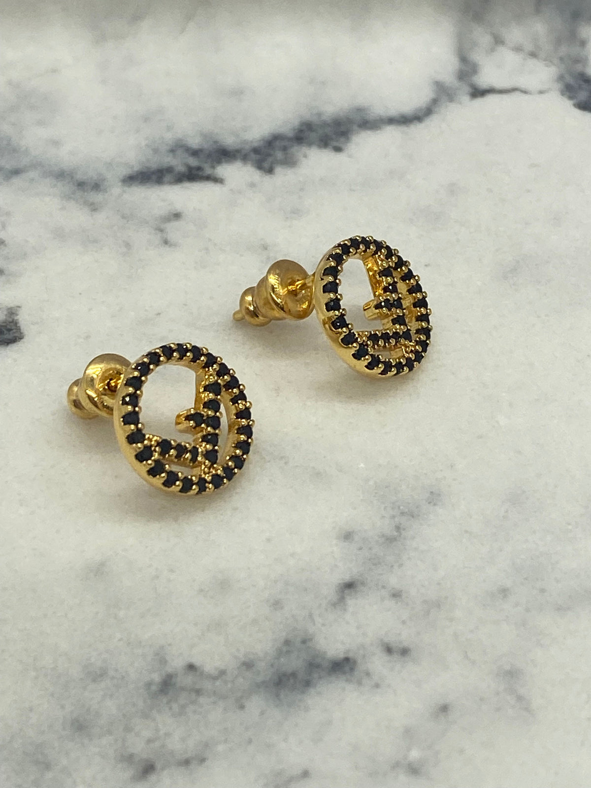 FENDI F Gold Tone Black Rhinestone Small Earrings - Pre owned