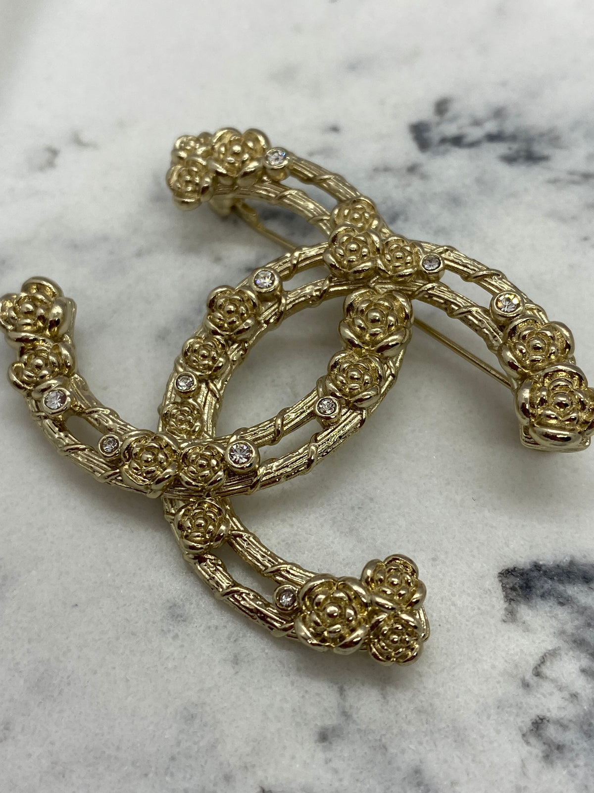 CHANEL CC Floral Gold Tone Brooch Pin - USED