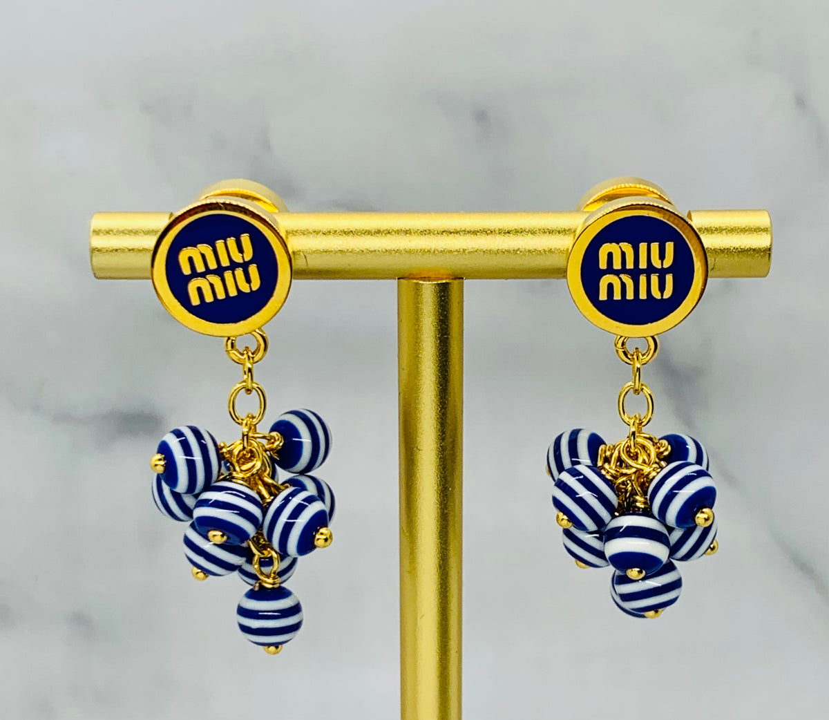 MIU MIU Blue Striped Cluster Pendant Earrings - Pre owned