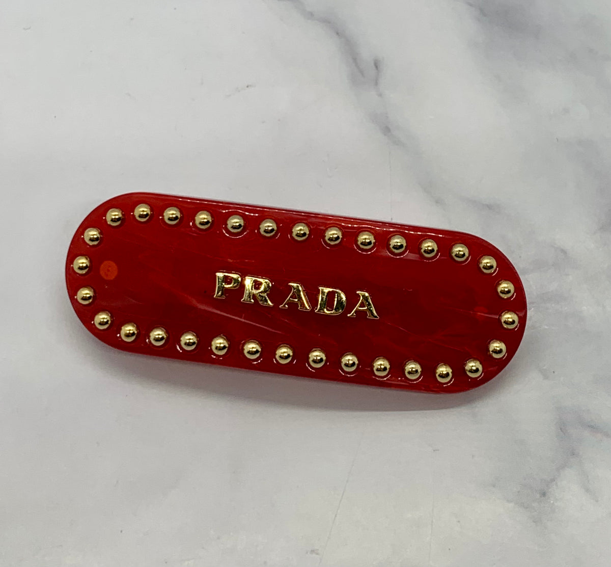PRADA Red Acrylic Gold Stud Hair Clip Barrette - Pre owned
