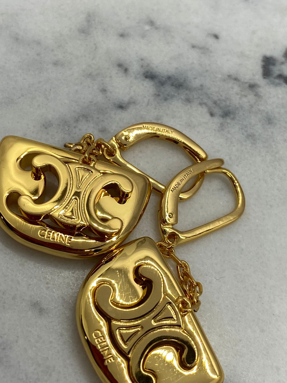 CELINE Gold Tone Monogram Pendant Earrings - Pre owned