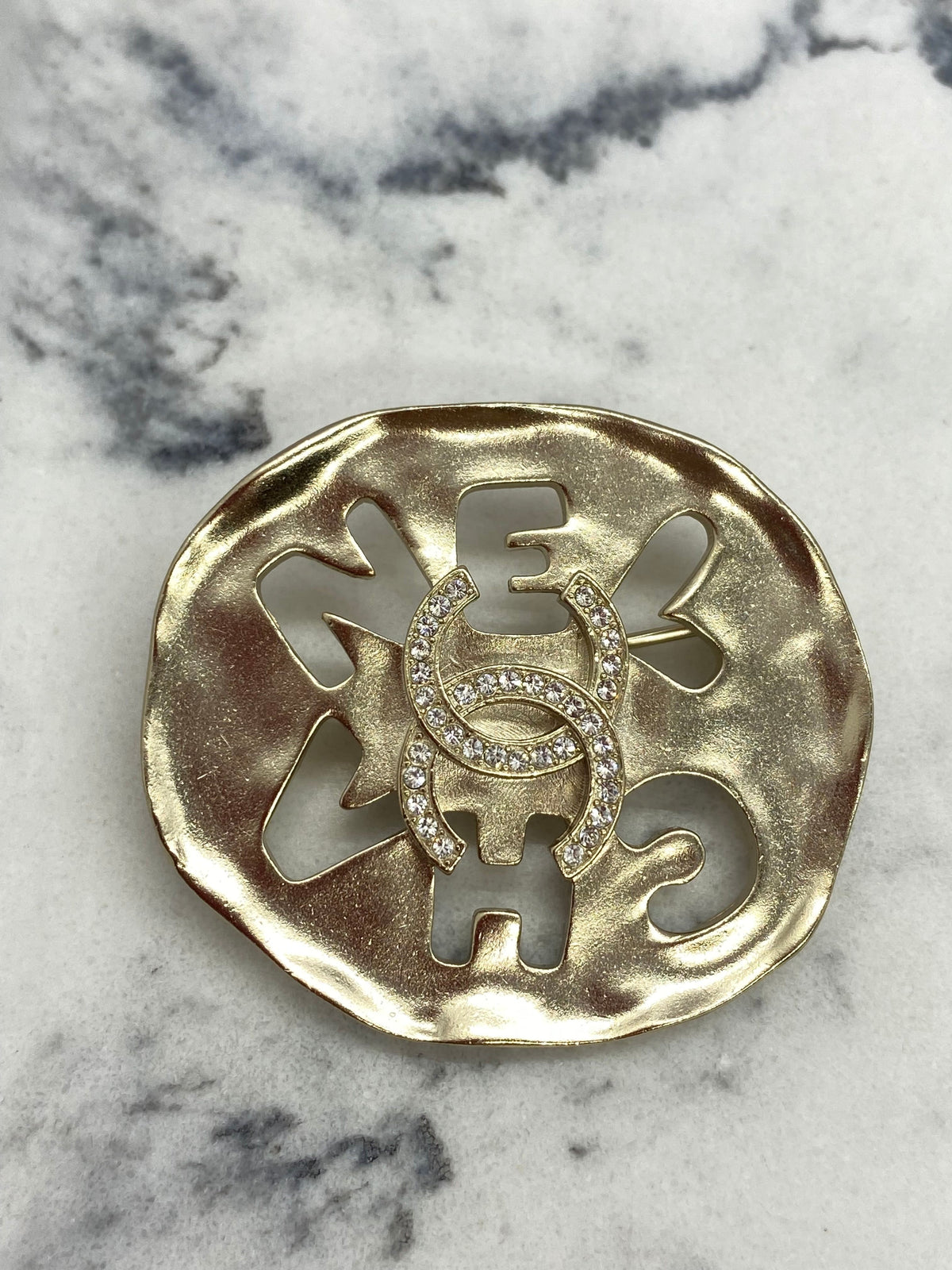 CHANEL CC Round Rhinestone Brooch Pin - USED
