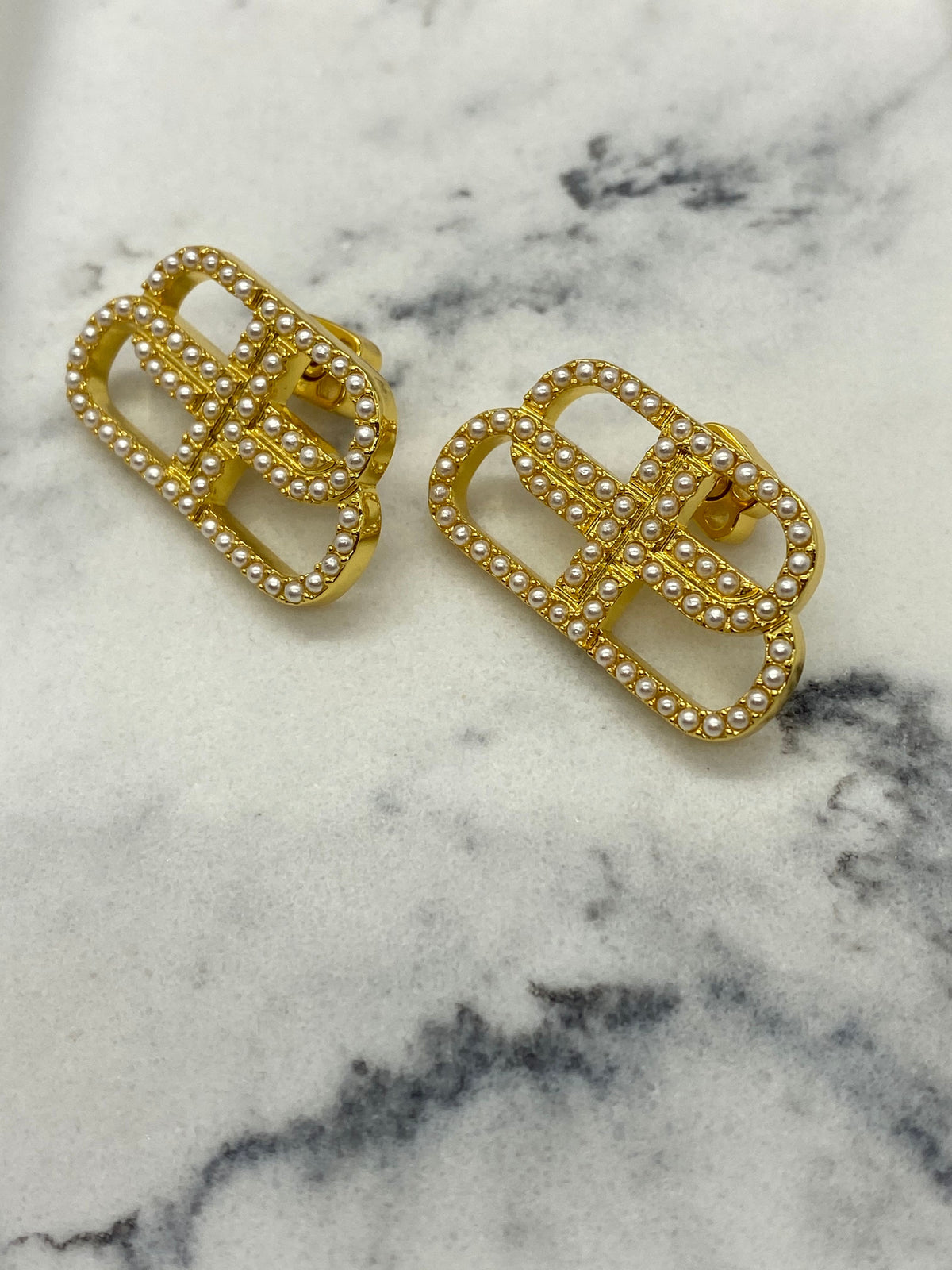BALENCIAGA BB Gold Tone Pearl Trim Earrings - Pre owned