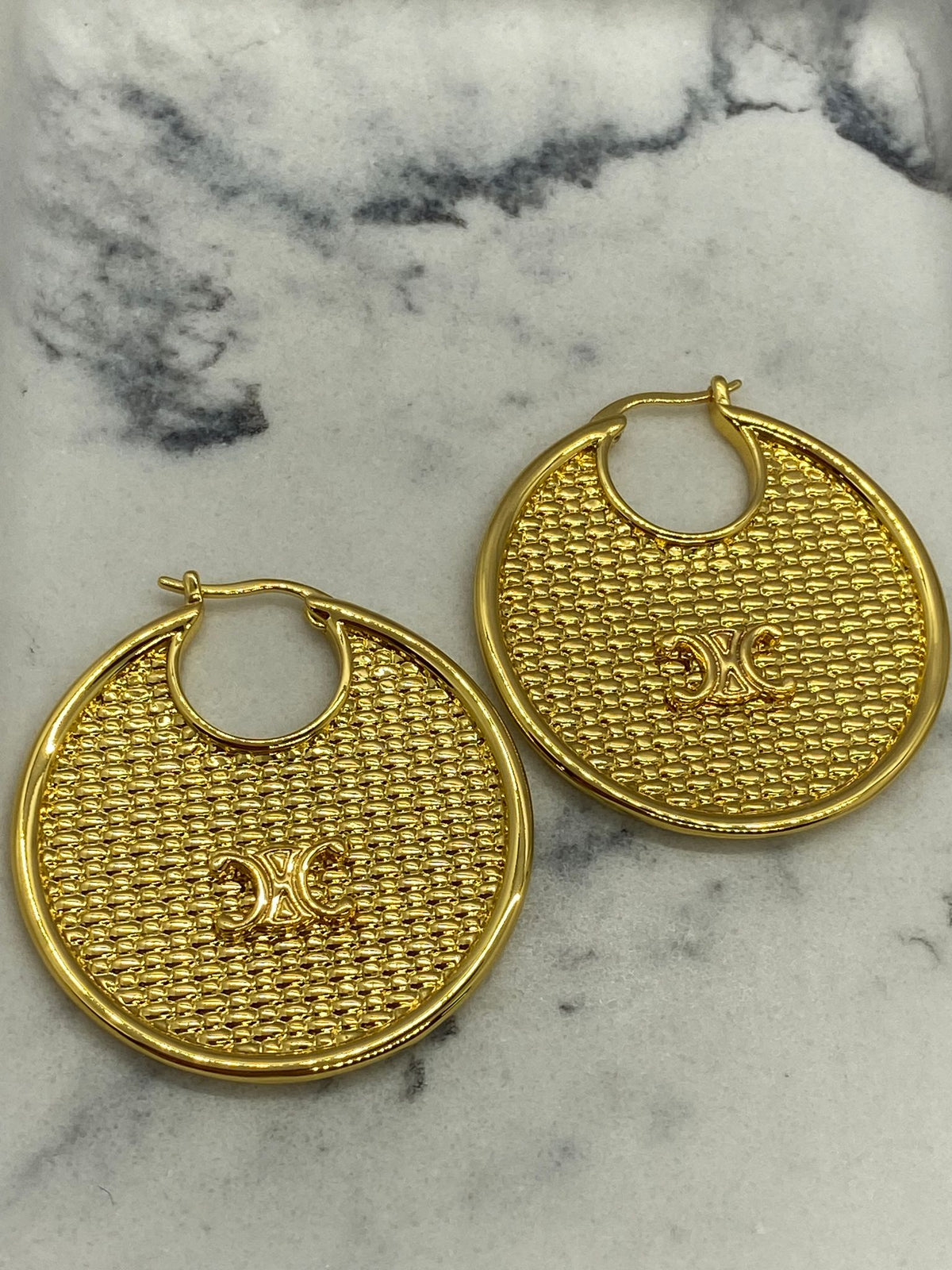 CELINE Gold Tone Monogram Hoop Earrings - Pre owned