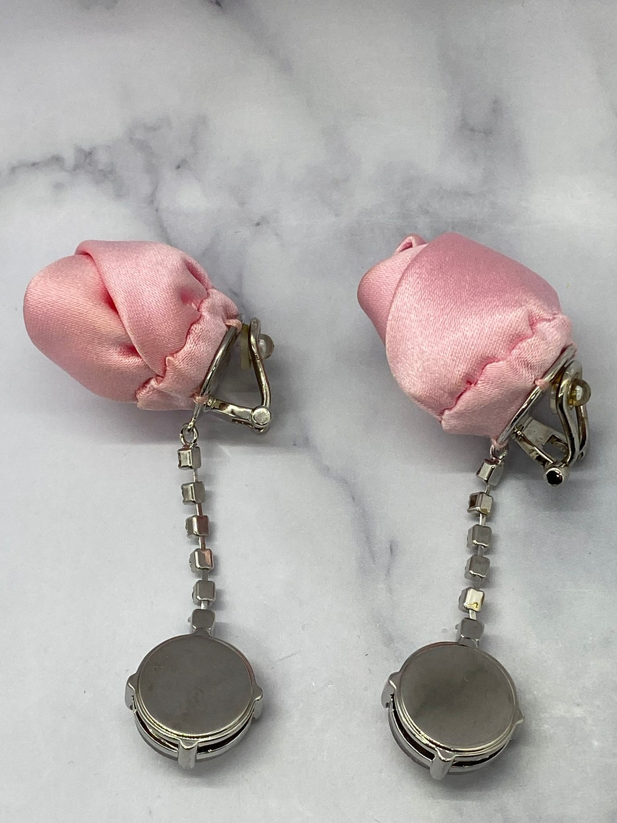 MIU MIU Pink Silk Rose & Rhinestones Clip On Earrings - Pre owned