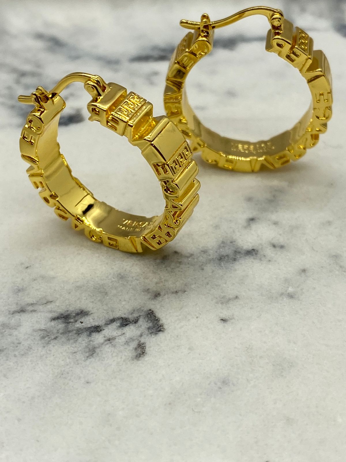 VERSACE Gold Tone Monogram Hoop Earrings - Pre owned