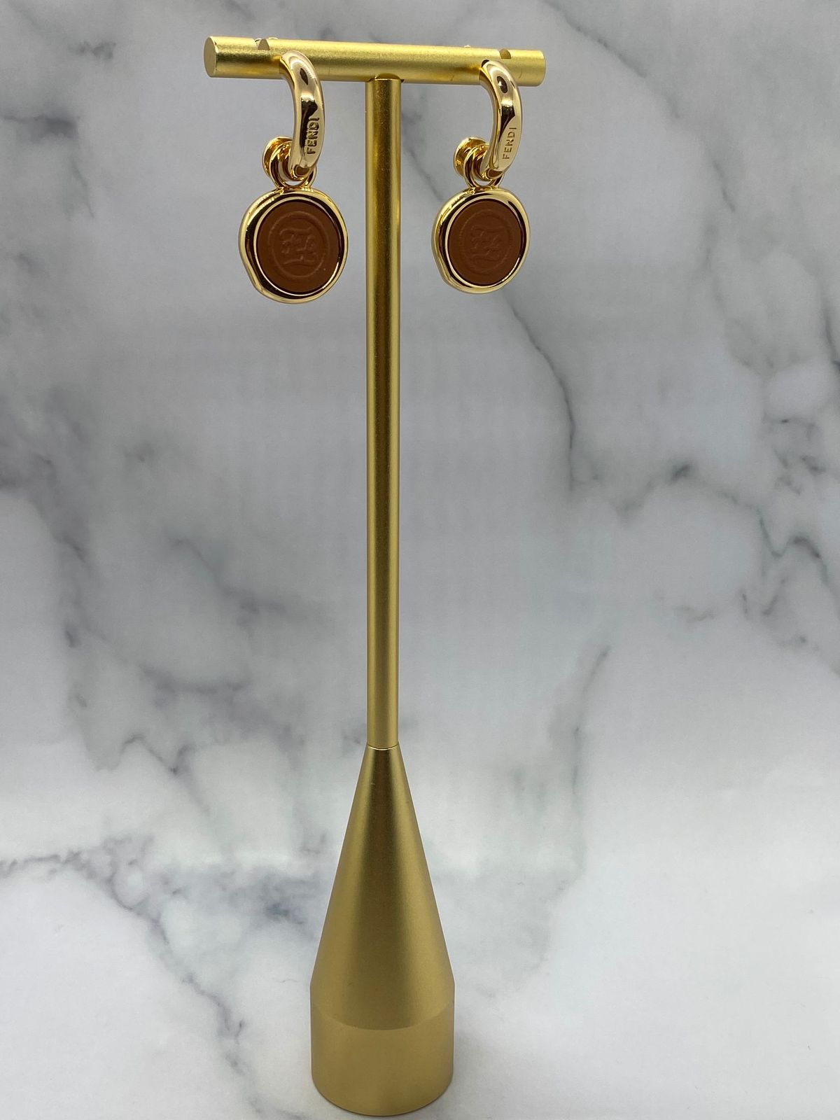 FENDI Gold Tone Monogram Earrings - Pre owned