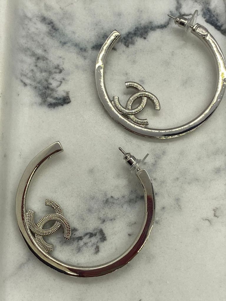 CHANEL CC Silver Tone Rhinestone Hoop Earrings - Pre owned