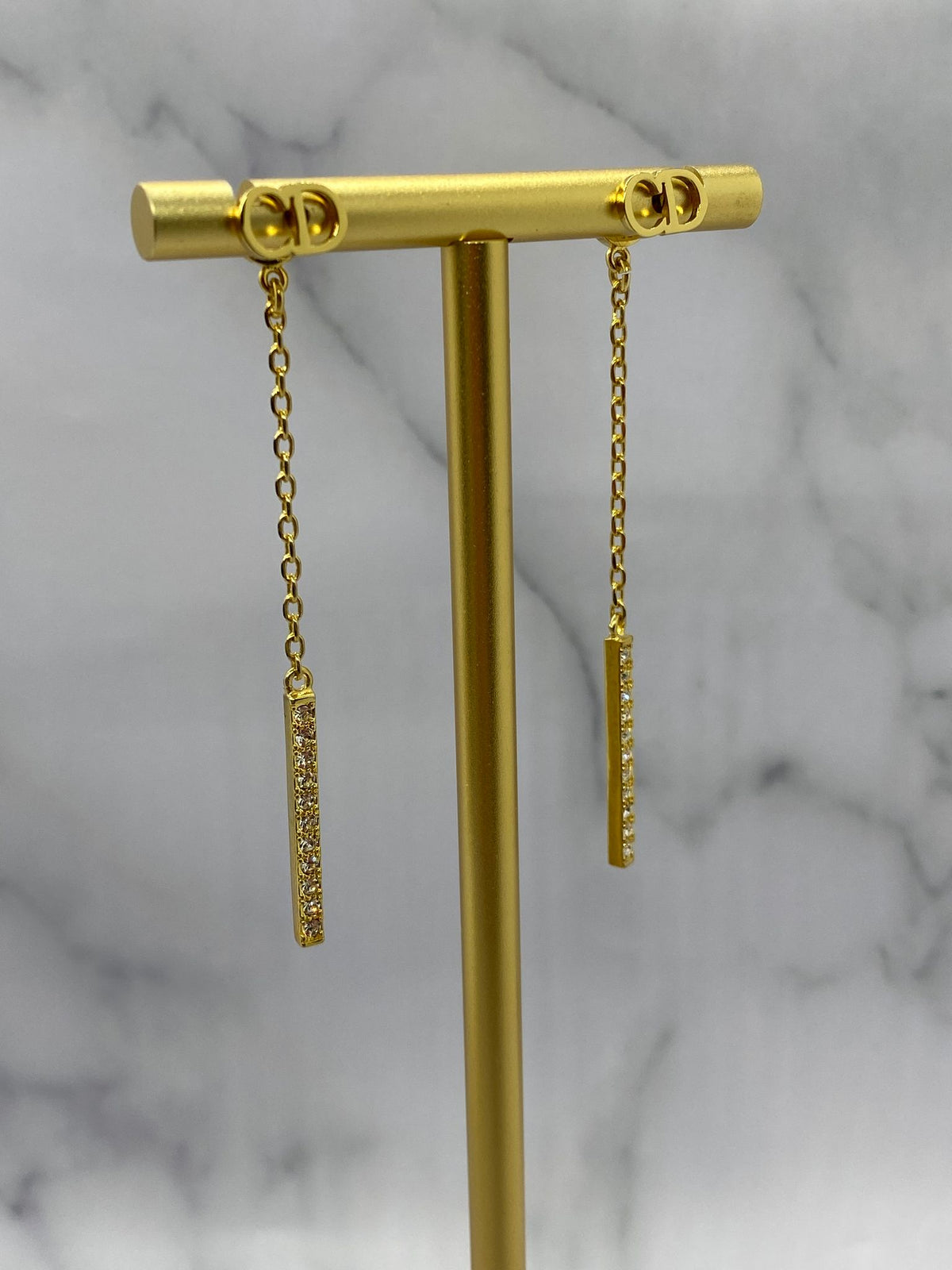 CHRISTIAN DIOR CD Gold Tone Pendant Rhinestone Earrings - USED