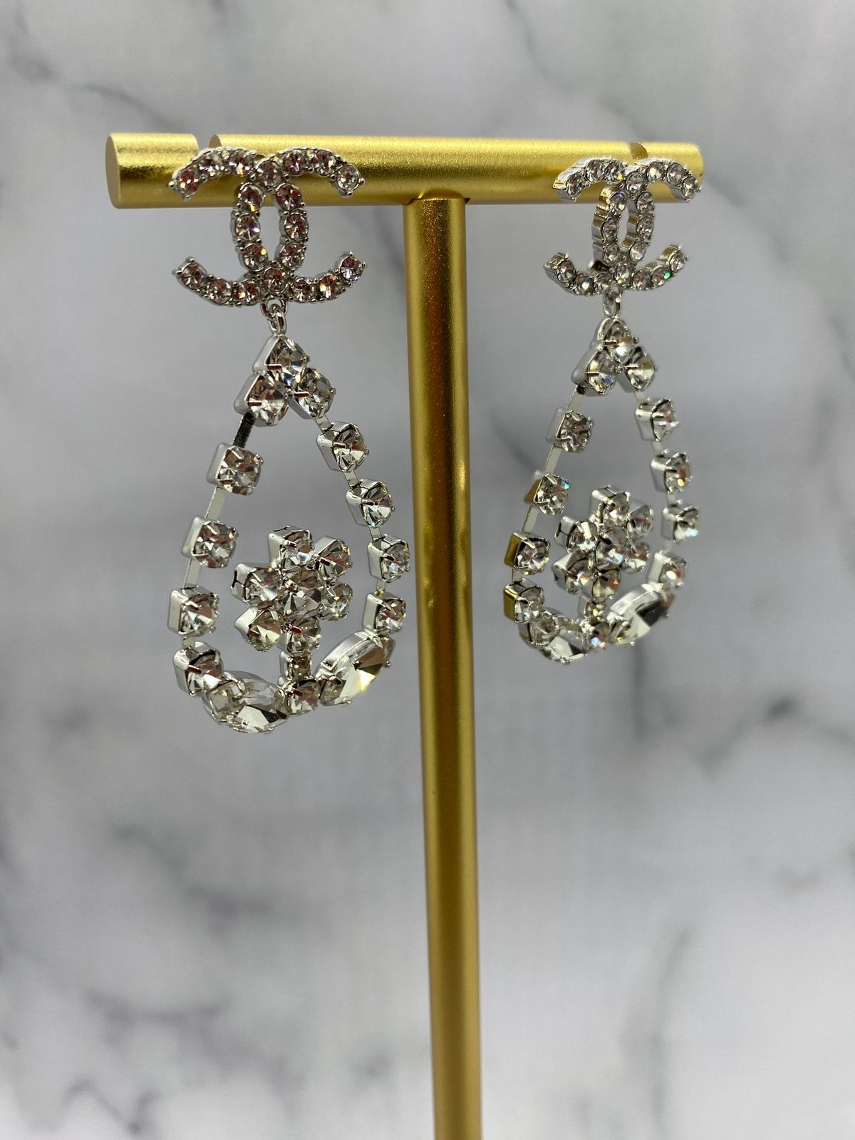 CHANEL CC Silver Tone Rhinestone Pendant Earrings - Pre owned