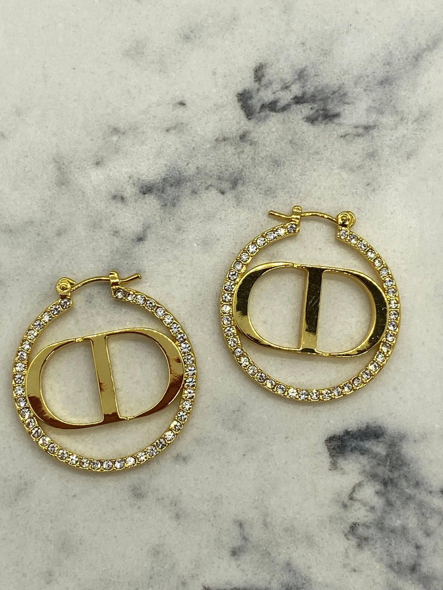 CHRISTIAN DIOR CD Gold Tone Rhinestone Hoop Earrings - Pre owned