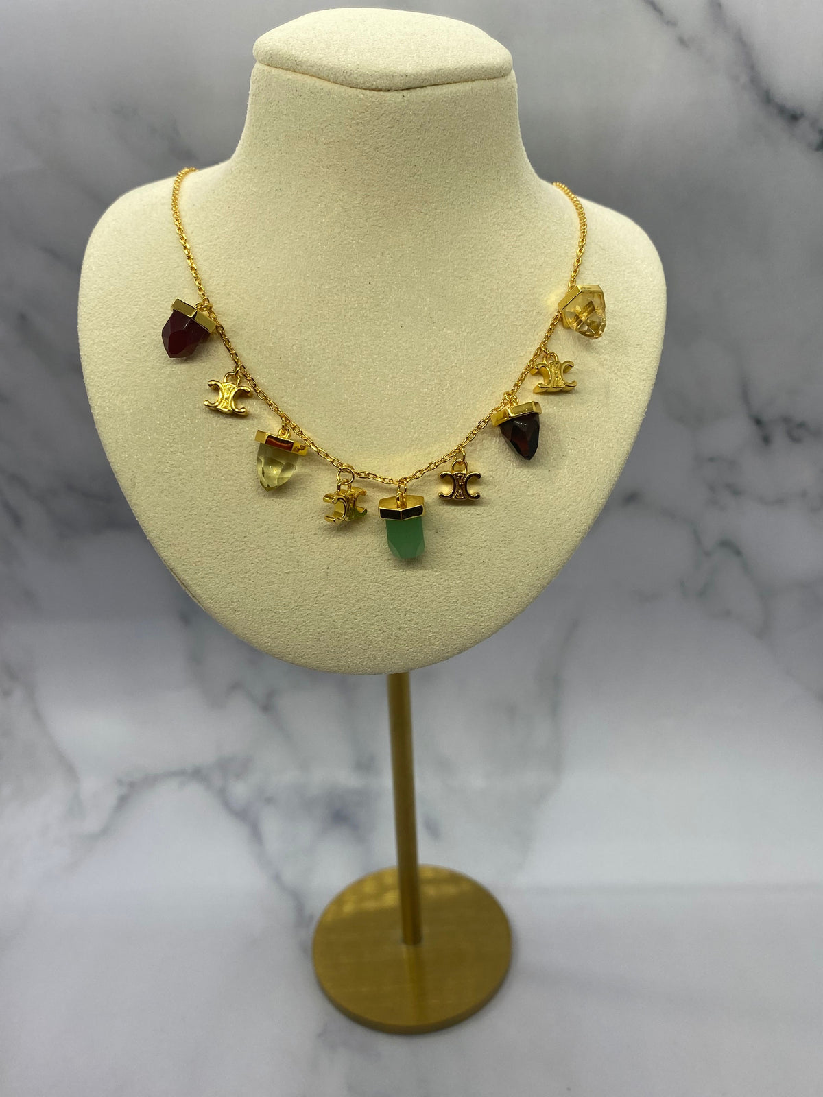 CELINE Monogram Crytsal Quartz Gold Necklace - Pre owned