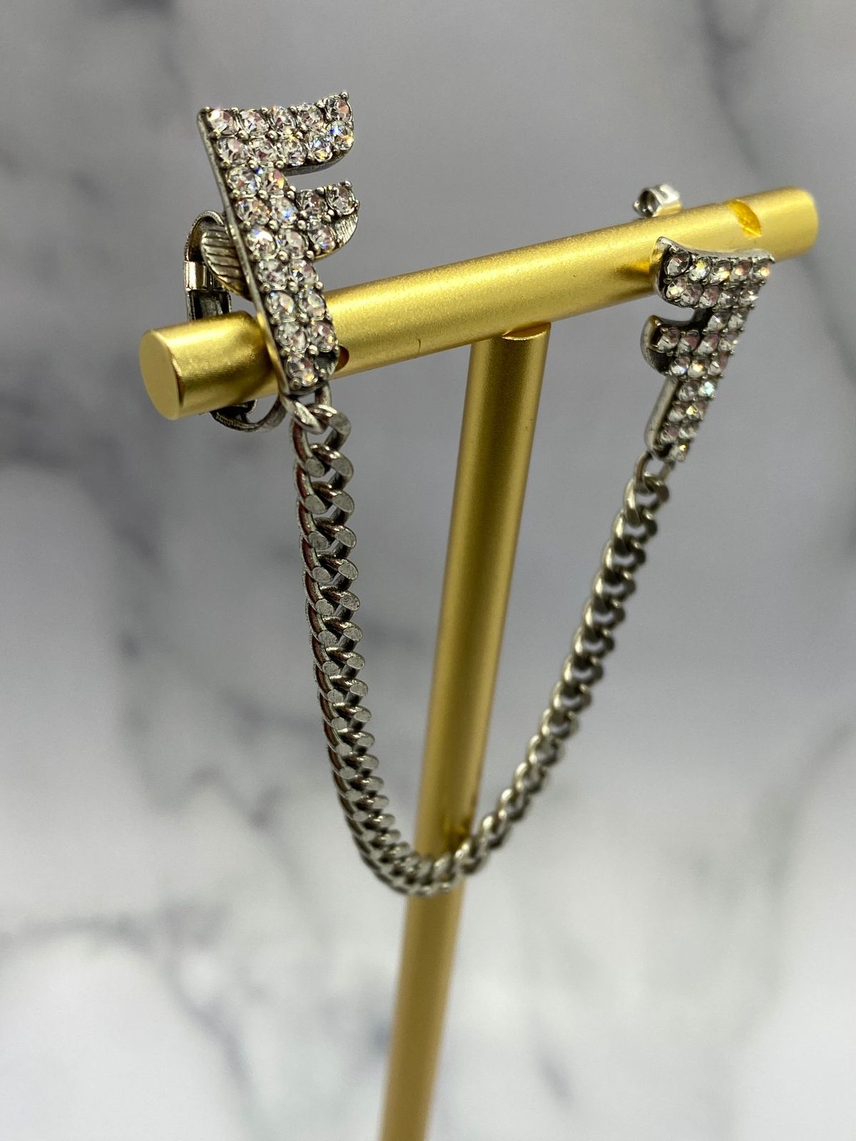 FENDI F Silver Tone Rhinestone SINGLE Cuff Chain Earring - Pre owned