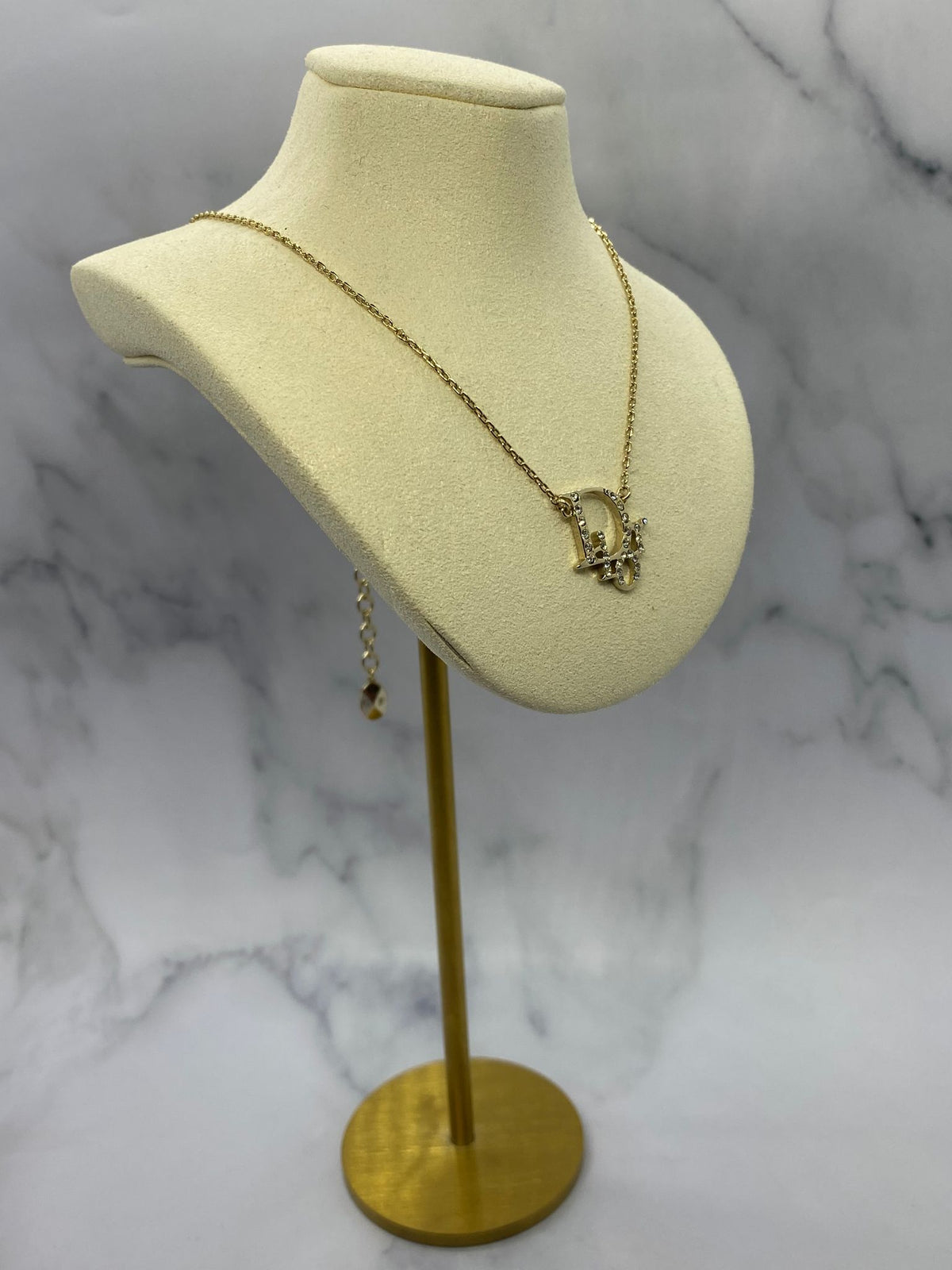 CHRISTIAN DIOR Silver Tone Rhinestone Monogram Necklace- Pre owned