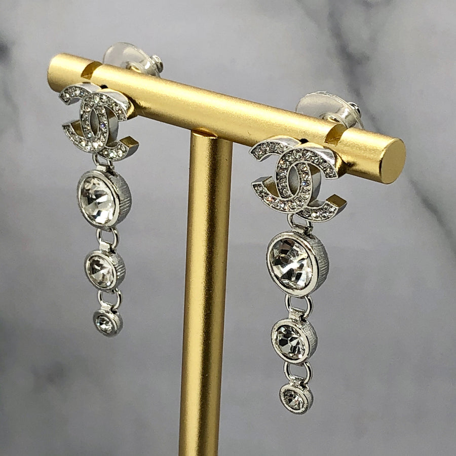 CHANEL CC Silver Tone Rhinestone Pendant Earrings - Pre owned